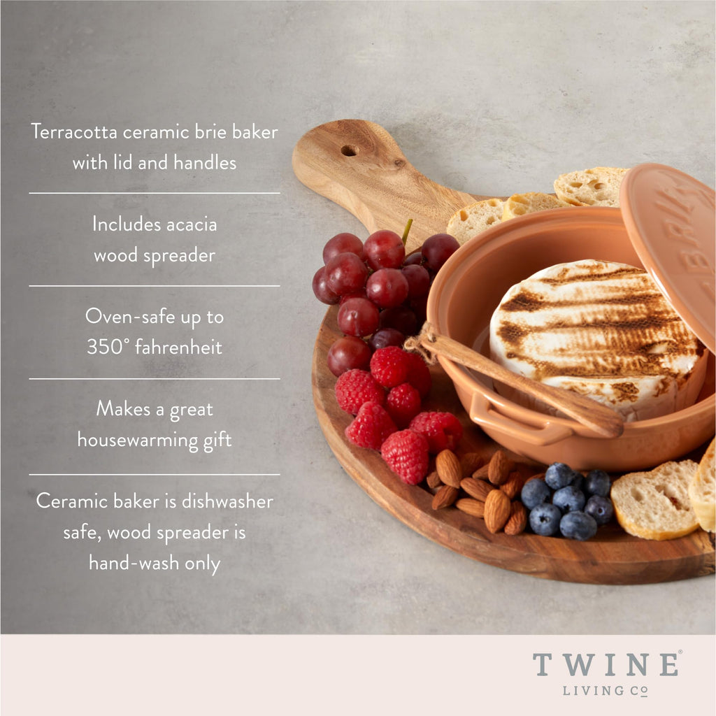 Ceramic Brie Baker with Wood Spreader, Brie Baking Tools with Lid Bakeware Sets, Terra Cotta Ceramic, Kitchen Set of 1