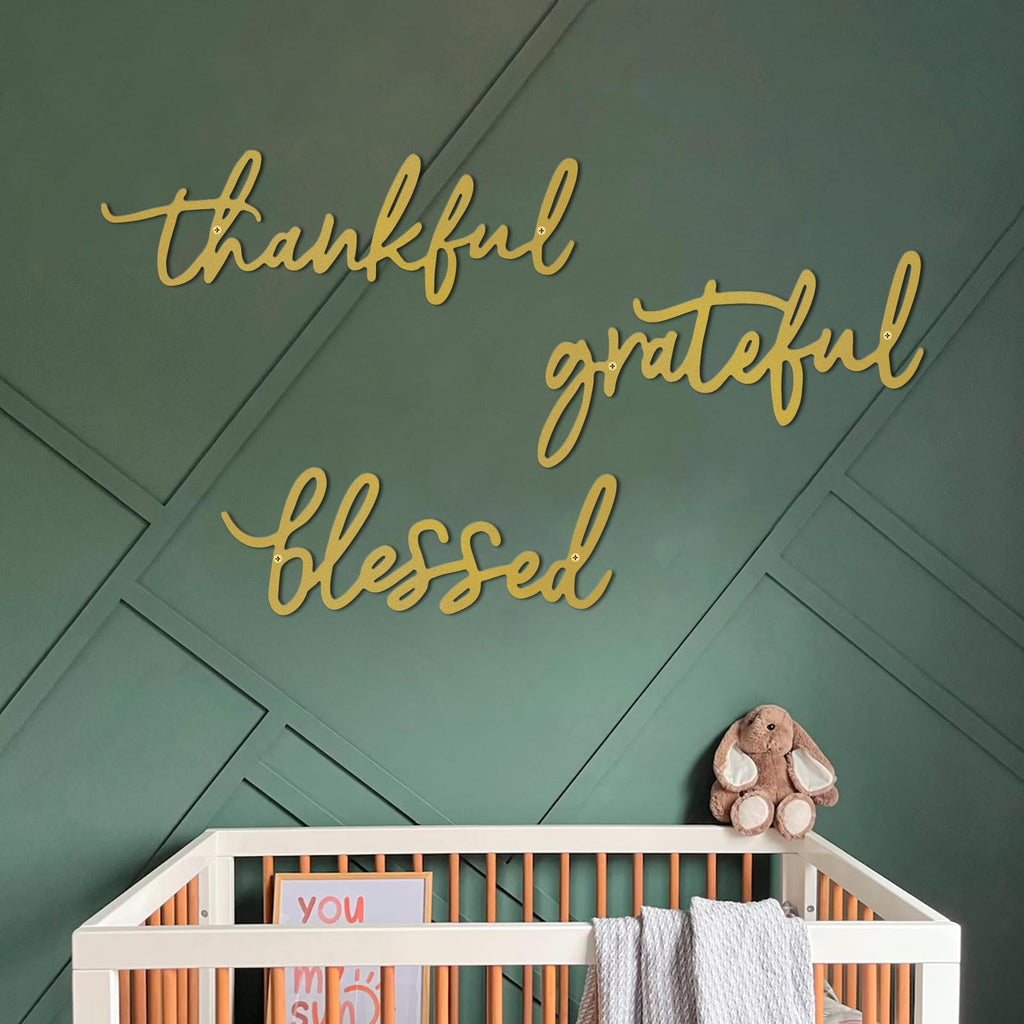 Thankful Grateful Blessed Letter Sign Metal Wall Decor, 3 Piece Gold Letters Wall Art Bedroom Metal Words Wall Decor