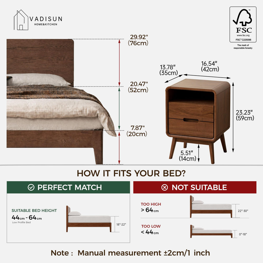 Walnut Nightstand Set of 2, Solid Wood Nightstand with Drawers & Open Storage Shelf, Mid Century Modern Nightstands