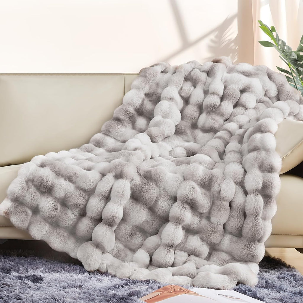 1000GSM Faux Rabbit Fur Throw Blanket, Super Heavy Warm Cozy Grey Blankets for Couch Bed Sofa, Ruched Plush Fuzzy
