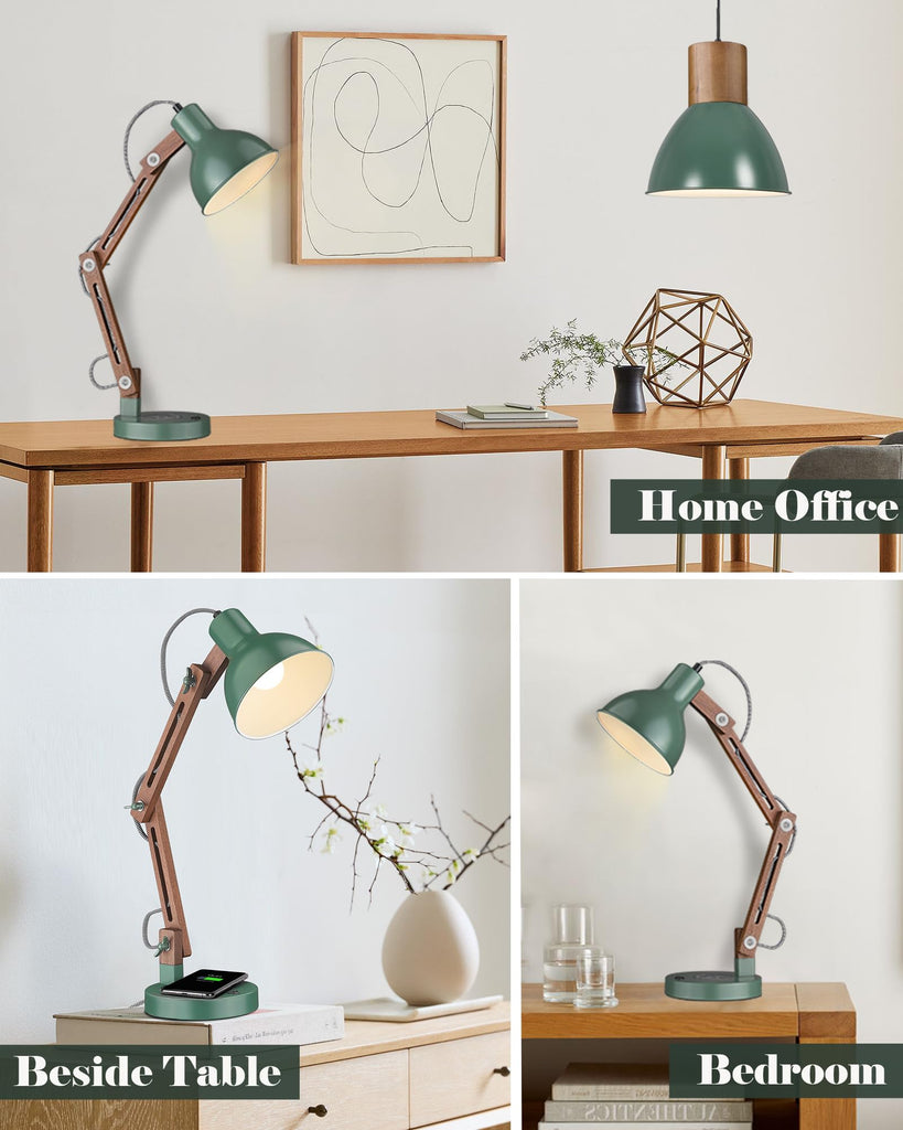 LED Desk Lamp with Wireless Charger, Sapele Wood Reading Light with USB C Charging Port, Swing Arm Table Lamp