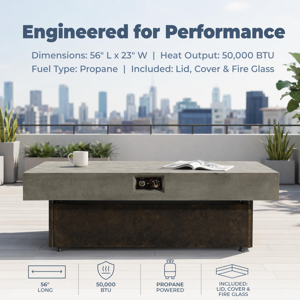 56" Propane Fire Pit Table, 50, 000 BTU, 3 Heights, Cement Grey