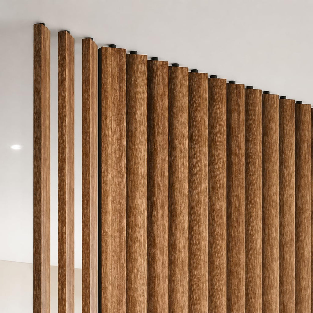 95.25" x 4.5" Rotating Wood Slat Room Divider 4-Pack, Adjustable Floor-to-Ceiling Privacy Partition Panels, Studio &