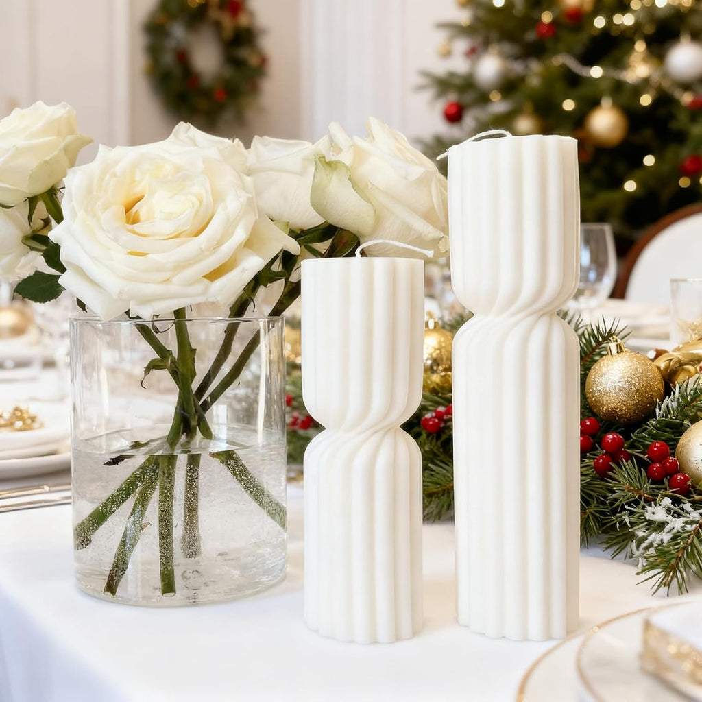 Ribbed Pillar Candles Handmade Soy Wax Scented Ribbed Candle,White - Set of 2