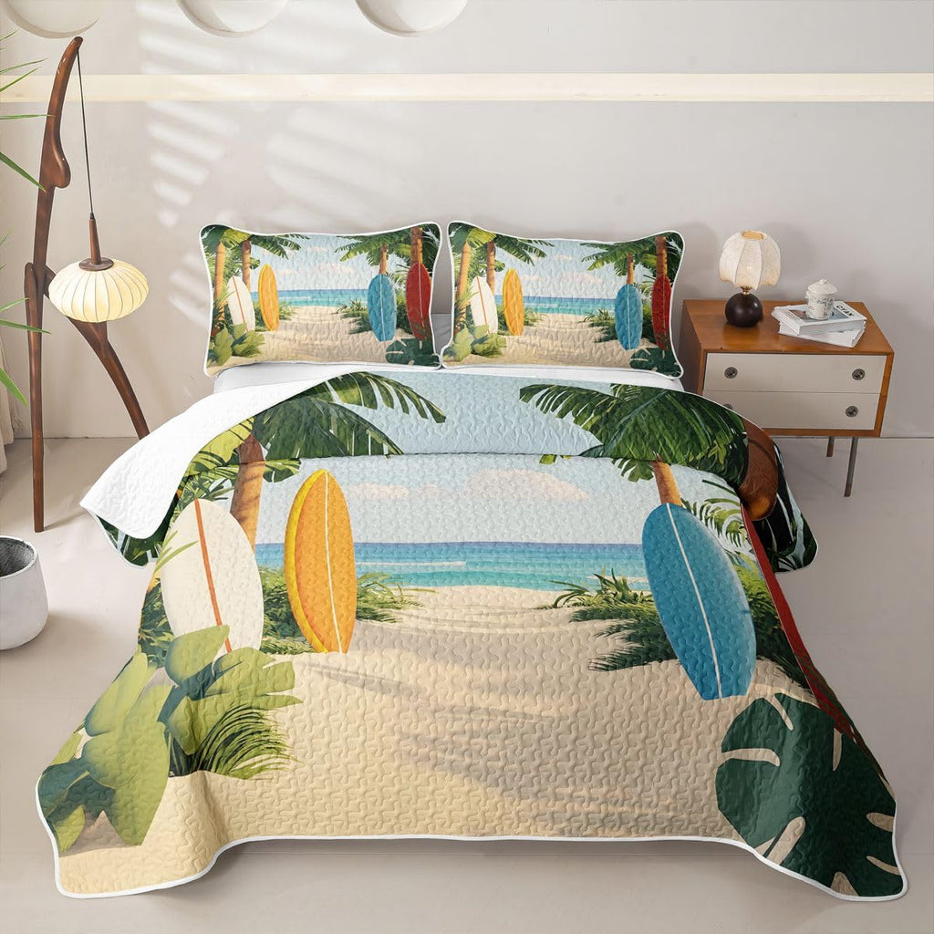 Summer Beach Quilt - Surfboard Bedspread Tropical Palm Tree Bed Coverlet with 2 Pillowcases