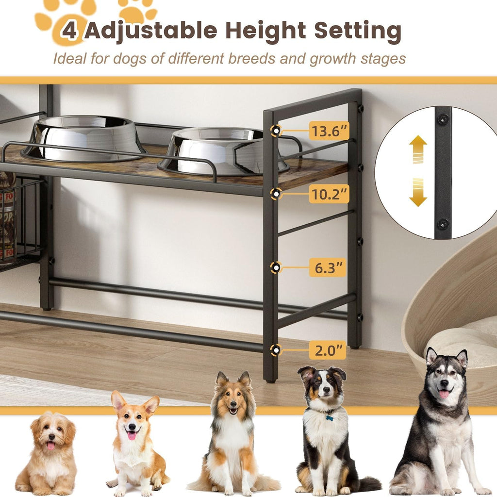 Dog Feeding Station with 2 Elevated Bowl Stands & Large Storage