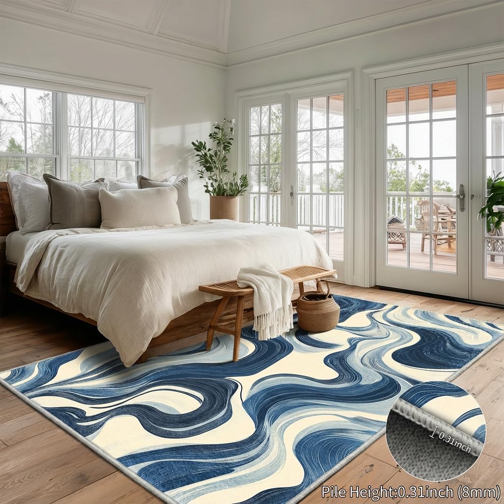 Blue and White Wave Area Rug 5x7 Modern Wavy Stripes Rugs