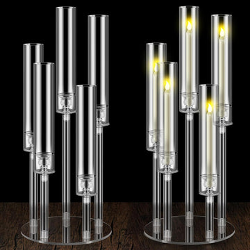 2 Pack 5 Arms Acrylic Candelabra Candle Holder Clear Candelabra Centerpieces, Crystal Candlesticks Pillar Taper