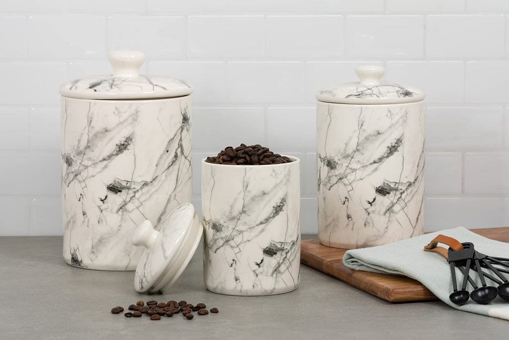 Marble Ceramic Kitchen Canister Set, Set of 3, White/Black