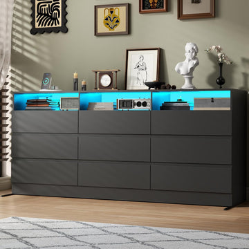 Drawer Dresser with Power Outlet, Black Dressers with LED Light, Dresser Chest of Drawers for Closet, Wood Dressers