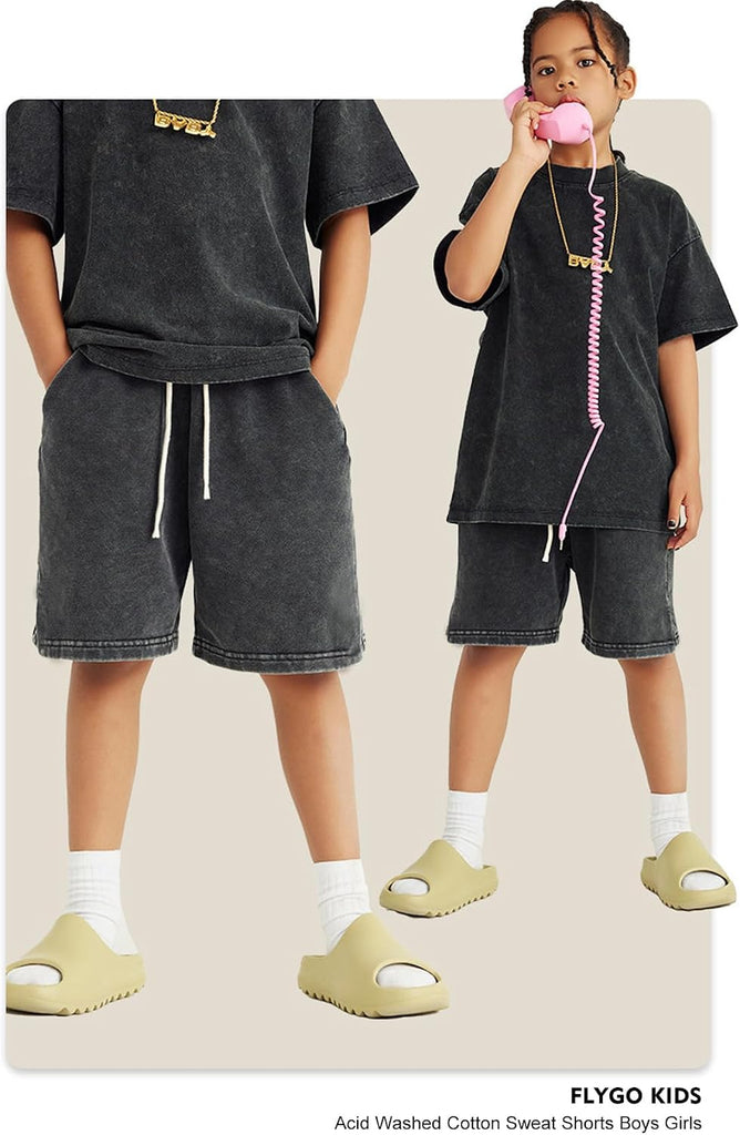 Boys Shorts Cotton Acid Washed Summer Athletic Jogger Shorts Unisex Kids Casual Loose Active Shorts with Pockets