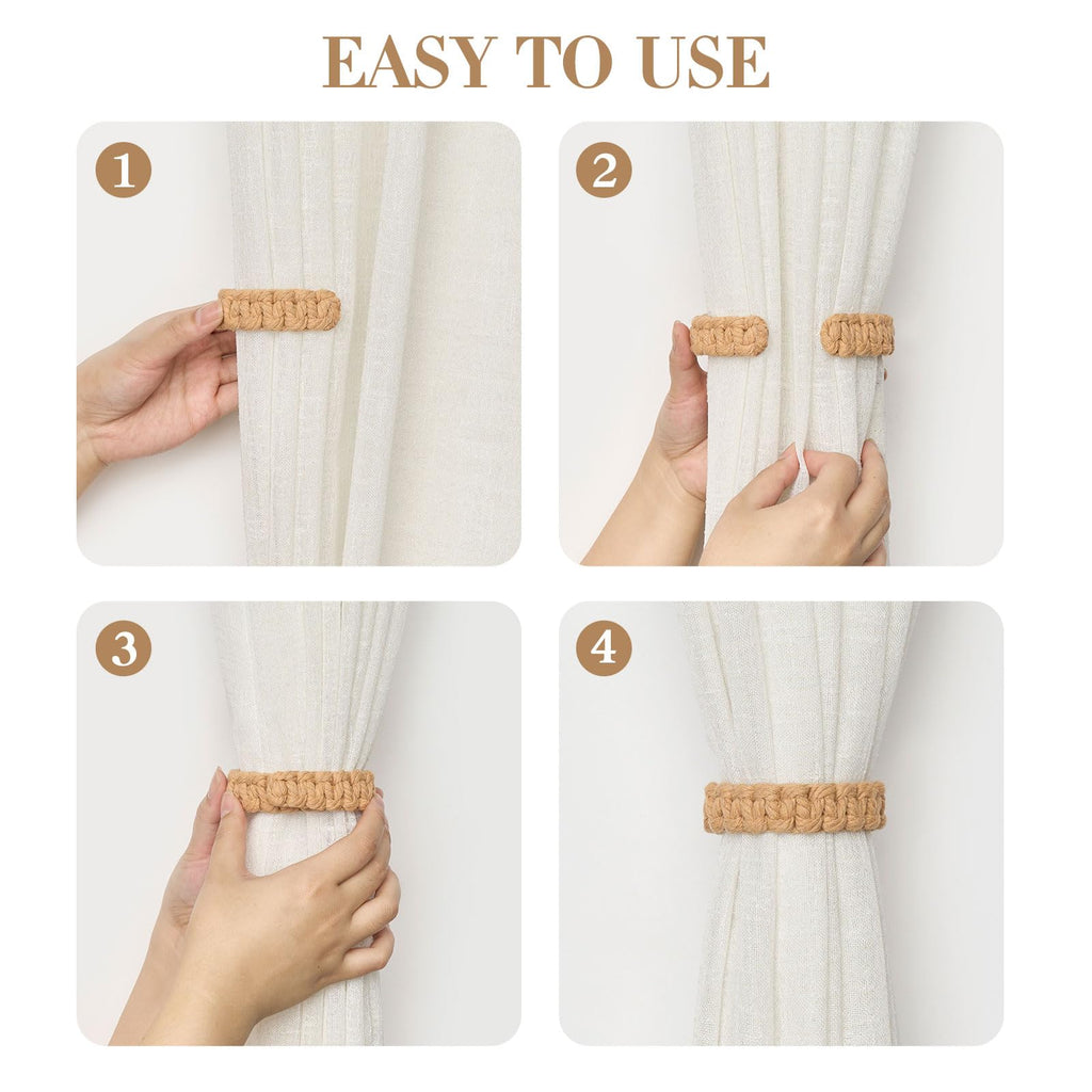Natural Jute Rope Curtain Tiebacks Farmhouse Rustic Style Decorative Drape Tie Backs Handmade Braided Curtain - 4 Pack