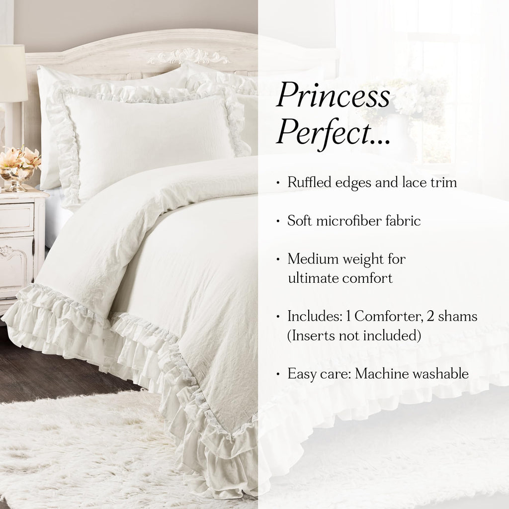 Ella Ruffle Lace Comforter, 3 Piece Set, White - Cute Comforter - Bedding Set - White Bedding
