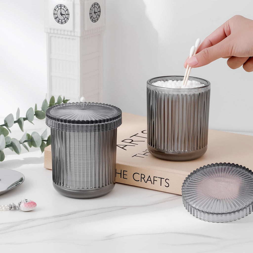 2 Pack Qtip Holder Glass Apothecary Jars with Lids, Ribbed Gray