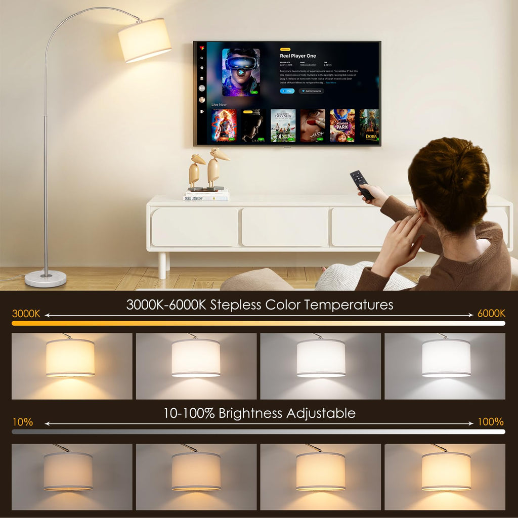 Dimmable Arc Floor Lamp, Remote & Foot Switch, Adjustable Shade