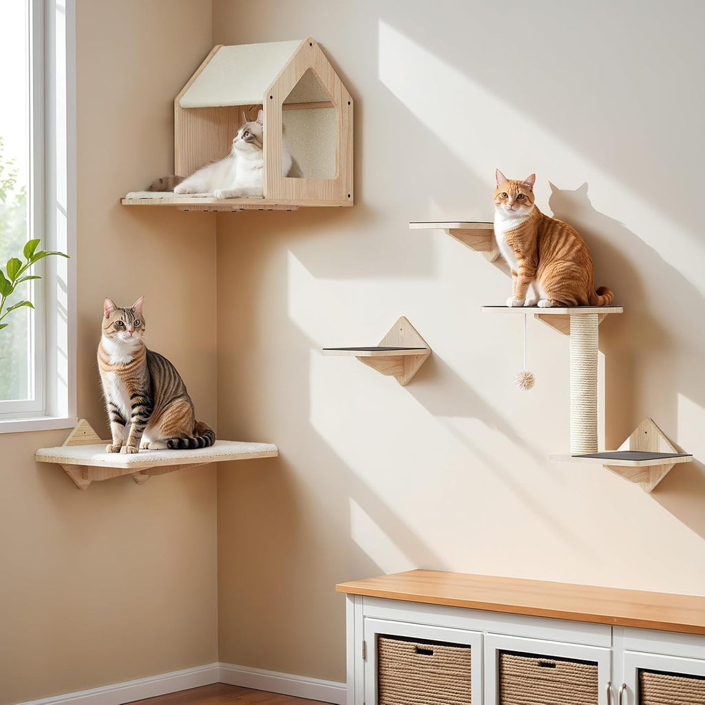 Wood Cat Wall Shelves, Set of 5 Cat Wall Mounted Furniture, Climbing Shelves with House, Steps, Scratching Post