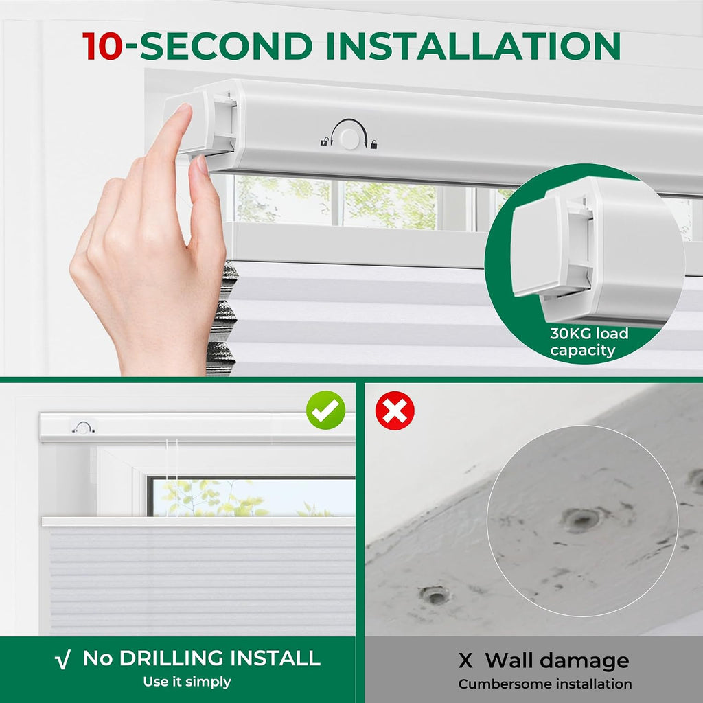 No Drill Top Down Bottom Up Cellular Shades,White, | TDBU Blackout Blinds for Indoor Windows,Cordless Honeycomb