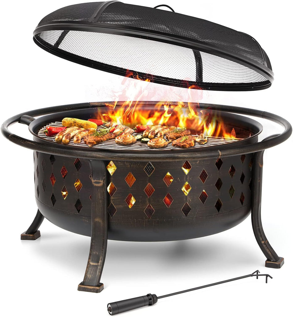 36 Inch Fire Pits for Outside Large Outdoor Wood Burning Crossweave firepit Heavy Duty Steel Bronze Bonfire Pit for Patio Backyard Garden with BBQ