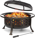 36 Inch Fire Pits for Outside Large Outdoor Wood Burning Crossweave firepit Heavy Duty Steel Bronze Bonfire Pit for Patio Backyard Garden with BBQ