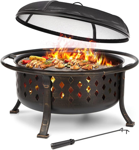 36 Inch Fire Pits for Outside Large Outdoor Wood Burning Crossweave firepit Heavy Duty Steel Bronze Bonfire Pit for Patio Backyard Garden with BBQ