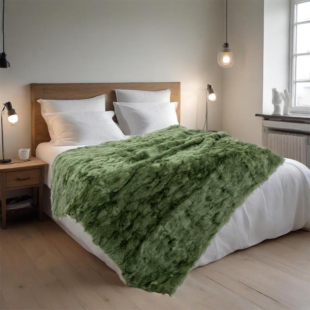 Rex Rabbit Fur Throw Blanket for Couch Bed, Olive Green, 55x78.7in | Luxury Rex Rabbit Skin Hide Large Blanket for