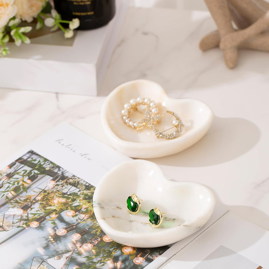 Marble Ring Holder for Women, Heart Jewelry Dish Tray, Monthers Day Gifts Small Ring Dish (White&little grey)