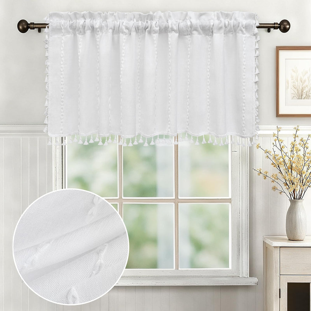 White Boho Farmhouse Valance Curtain with Tassels, 52 x 18 inch Linen Textured Window Curtain, Striped Light