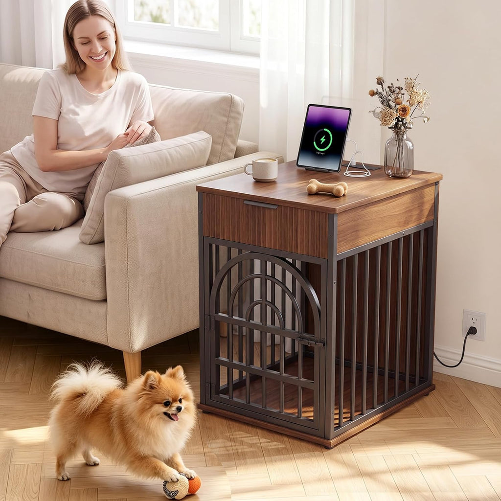 Dog Crate Furniture, Wooden Dog Kennel for Small Breed, Walnut