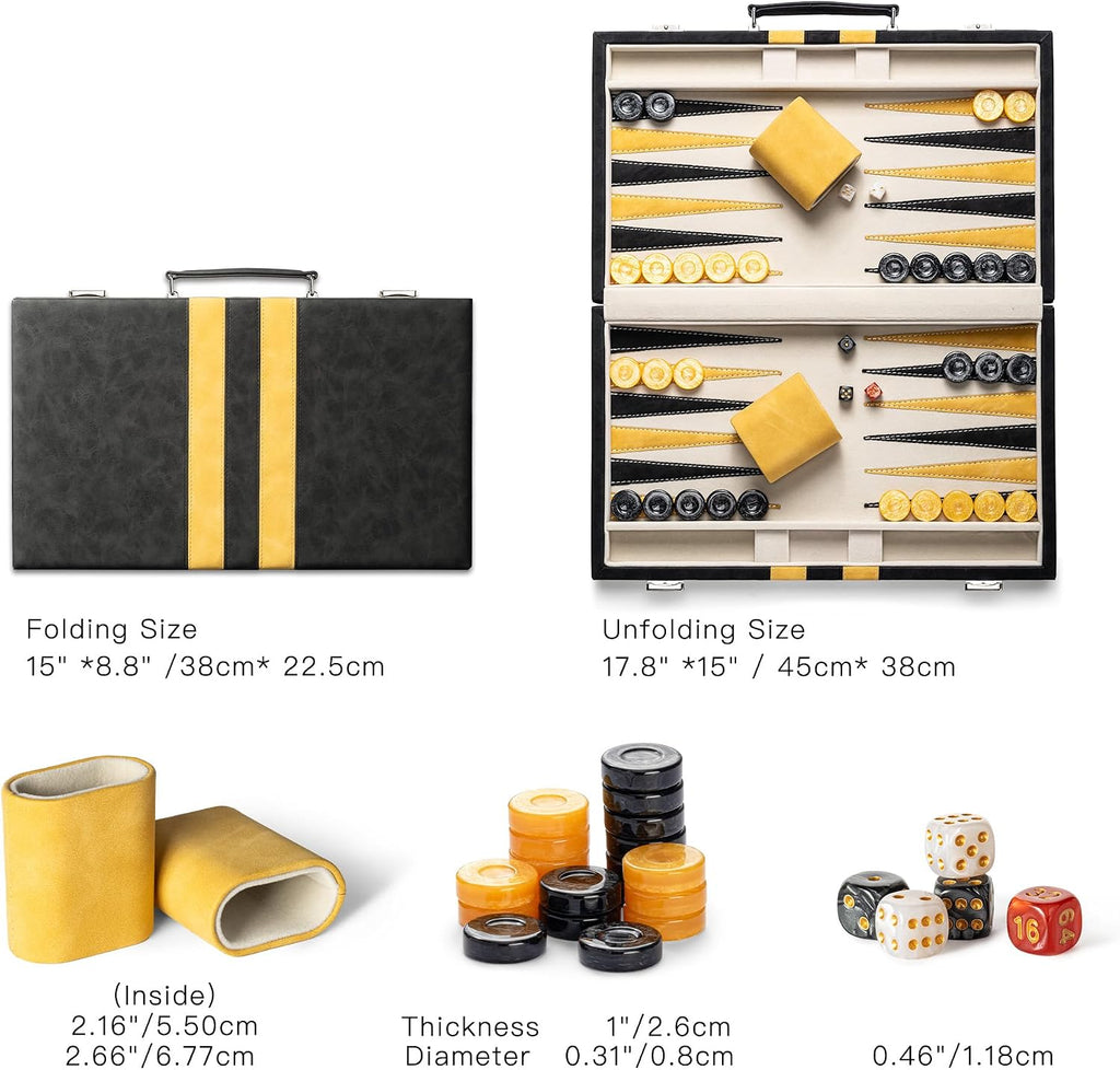 15inch Backgammon Sets for Adults, Classic Backgammon Board with Unique Checkers Dice, Faux Leather Exterior