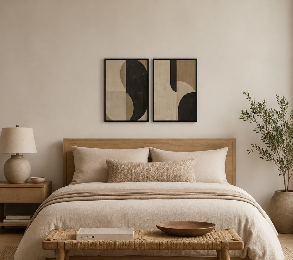 Framed Abstract Geometric Wall Art Beige Black Modern Canvas Print Modern Painting Poster Picture Gallery Artwork