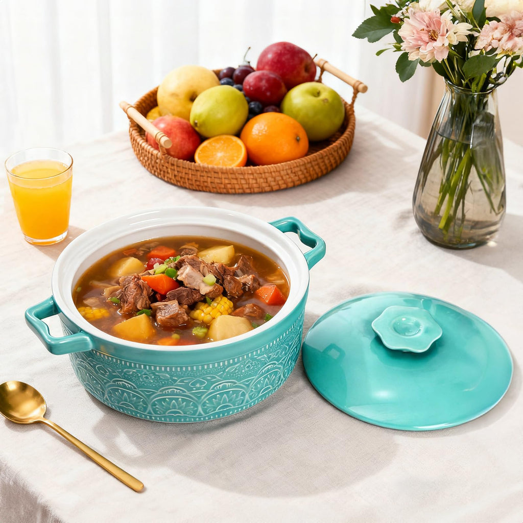 2 Quart Round Ceramic Casserole Dish with Lid, 7.5 Inch Covered Casserole for Oven, Glazed Ceramic Baking Dish