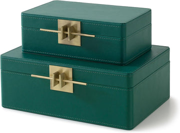 Faux Leather Boxes with Lids, Emerald Green - Set of 2