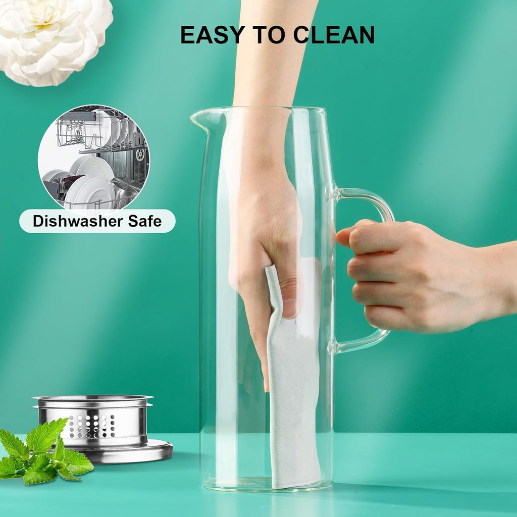 Glass Pitcher with Lid and Spout 50oz/ 1.5L, Hot/Cold Water Pitcher, Iced Tea Pitcher for the Shelf of Fridge, Easy