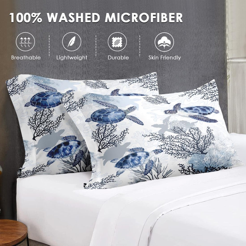 Queen Comforter Set with Sheets, 7 Pieces Turtle Sea Bedding