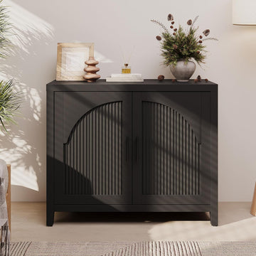 37" Modern Fluted Sideboard Buffet Cabinet with Storage, Black Oak | Small Wooden Modular Storage Cabinet, Adjustable