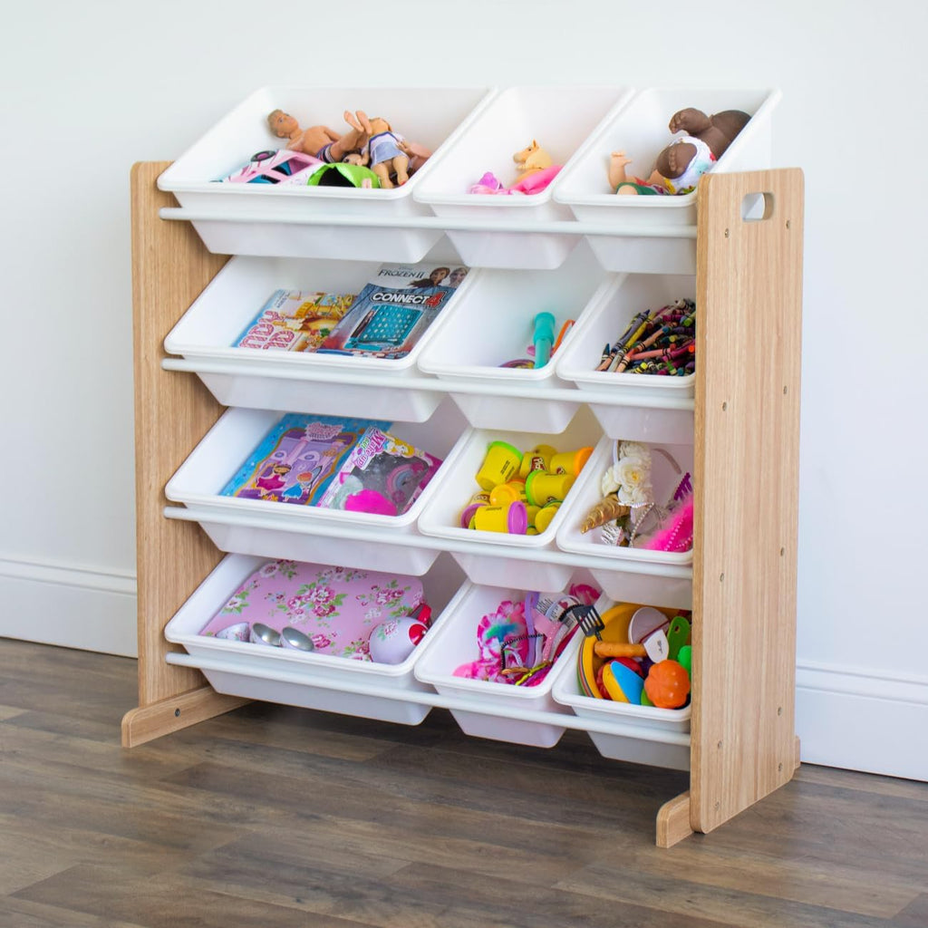 Kids Toy Organizer with 12 Bins, 4 Tier Storage | Sturdy wood and steel toddler shelf, removable BPA-free containers
