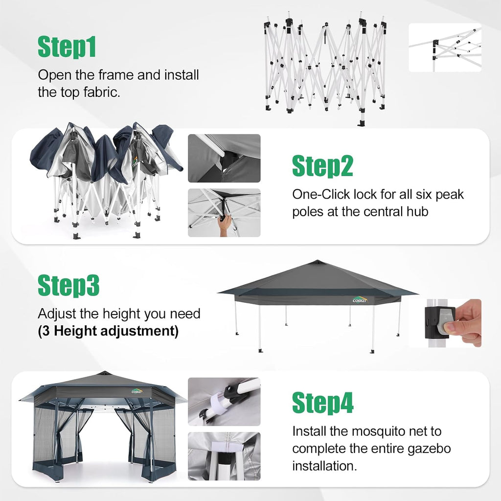16x16 Pop Up Gazebo Tent with Mosquito Netting, Gazebos on Clearance, Hexagonal Outdoor Canopy Shelter
