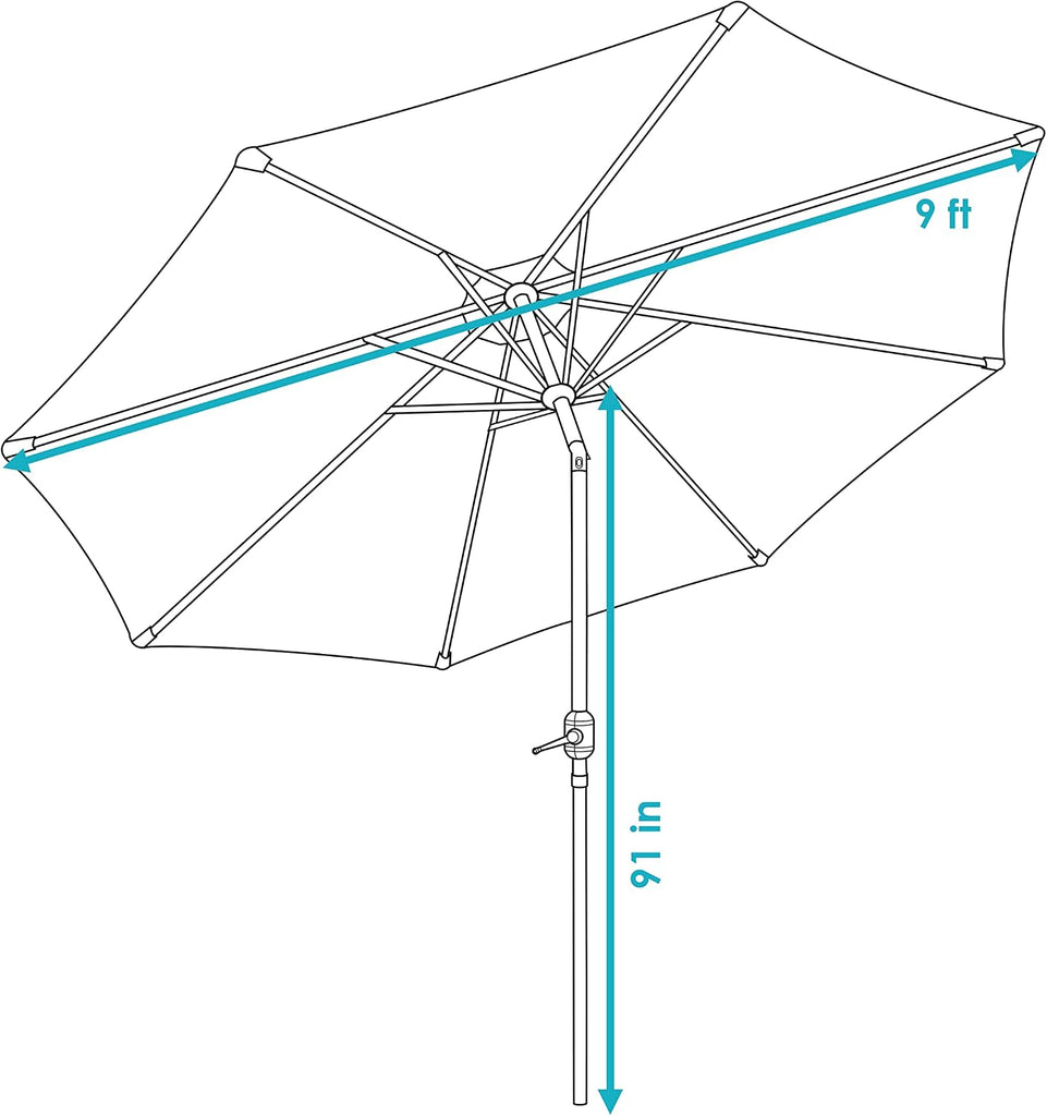 Outdoor Patio Umbrella - Polyester Table Market Umbrella with Push-Button Tilt and Crank - 8 Sturdy Ribs