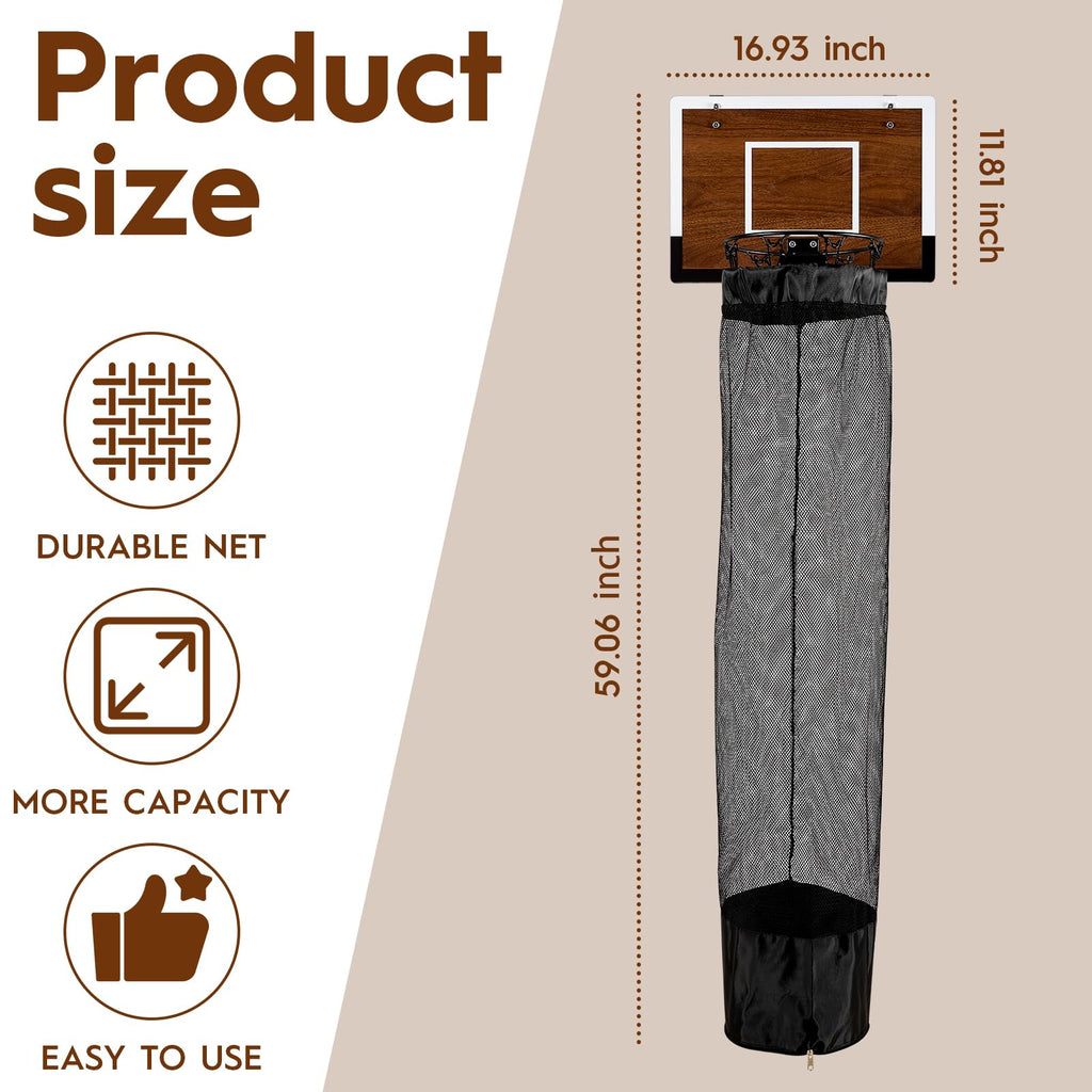 Over the Door Basketball Hamper,Wooden Hanging Basketball Hoop Laundry Basket with Zipper,3 Balls and Pump for Kids