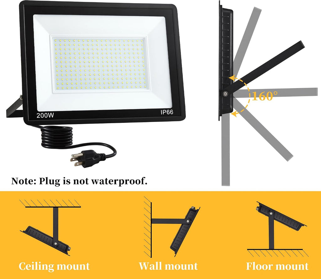 2 Pack 200W LED Flood Lights Outdoor Plug in, 25000 LM Super Bright Led Stadium Lights, Waterproof LED Work Light