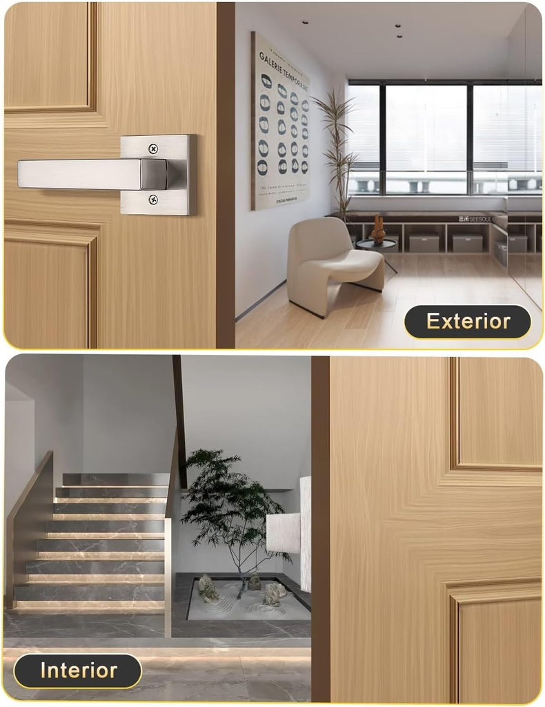 Dummy Door Handle Brushed Nickel for Left Hand and Right Hand, Mordern Square Closet Hallway Door Knob, Non-Turning
