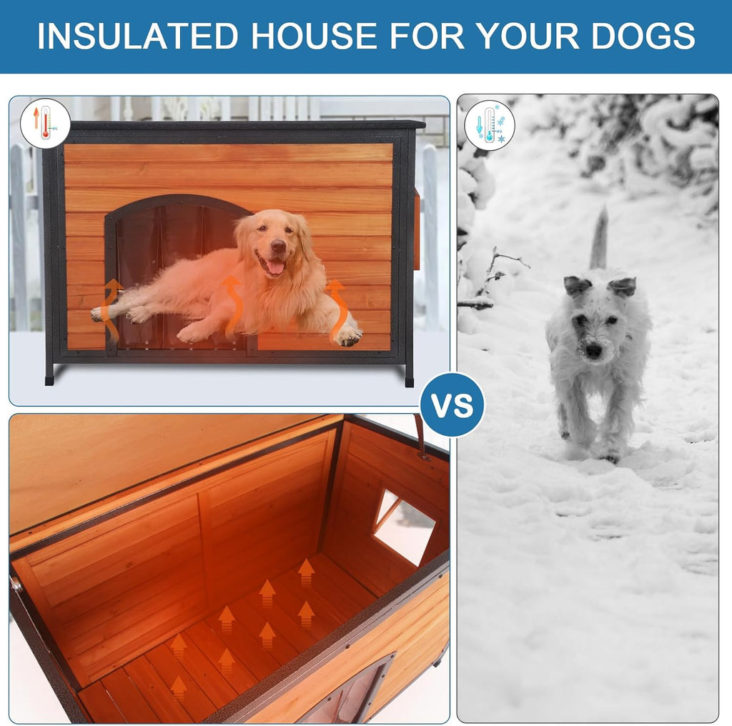 Outdoor Insulated Wooden Dog House Weatherproof Chew Resistant Metal Frame