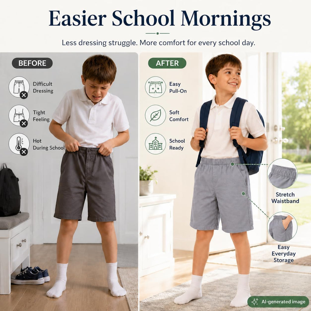 Boys Elastic Waist Shorts: Cotton Casual School Uniform