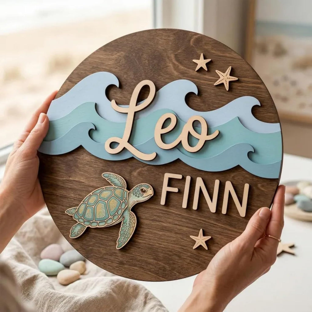 Personalized Name Sign, Custom Wooden Ocean Theme Wall Decor with Turtle Waves and Starfish, Kids Bedroom Door