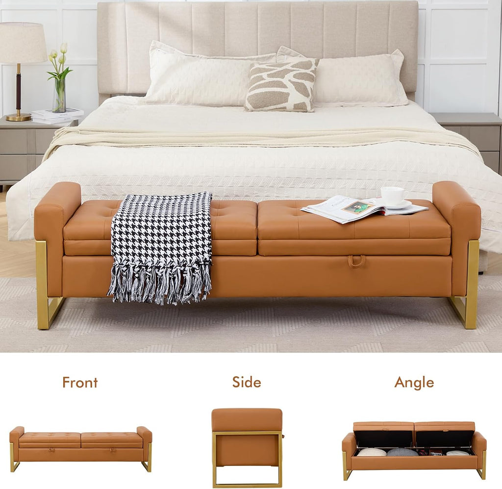 67" Storage Bench End of Bed King Size, Light Brown | Double Lids, Upholstered Faux Leather Storage Bench with Golden