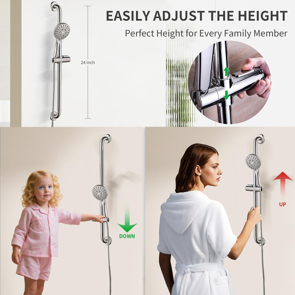 Slide Bar Shower Set with Handheld Shower Head, ADA-Compliant Stainless Steel Grab Bar, Adjustable Height and 69-Inch