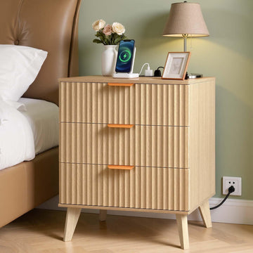 Fluted Nightstand 3 Drawer Dresser, 24" Wide Bedside Table with Charging Station, Mid Century Modern Night Stand with