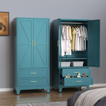 Steel Armoire Wardrobe Closet, 71" Metal Clothing Storage Cabinets with 2 Doors, 2 Drawers and 1 Adjustable Shelf