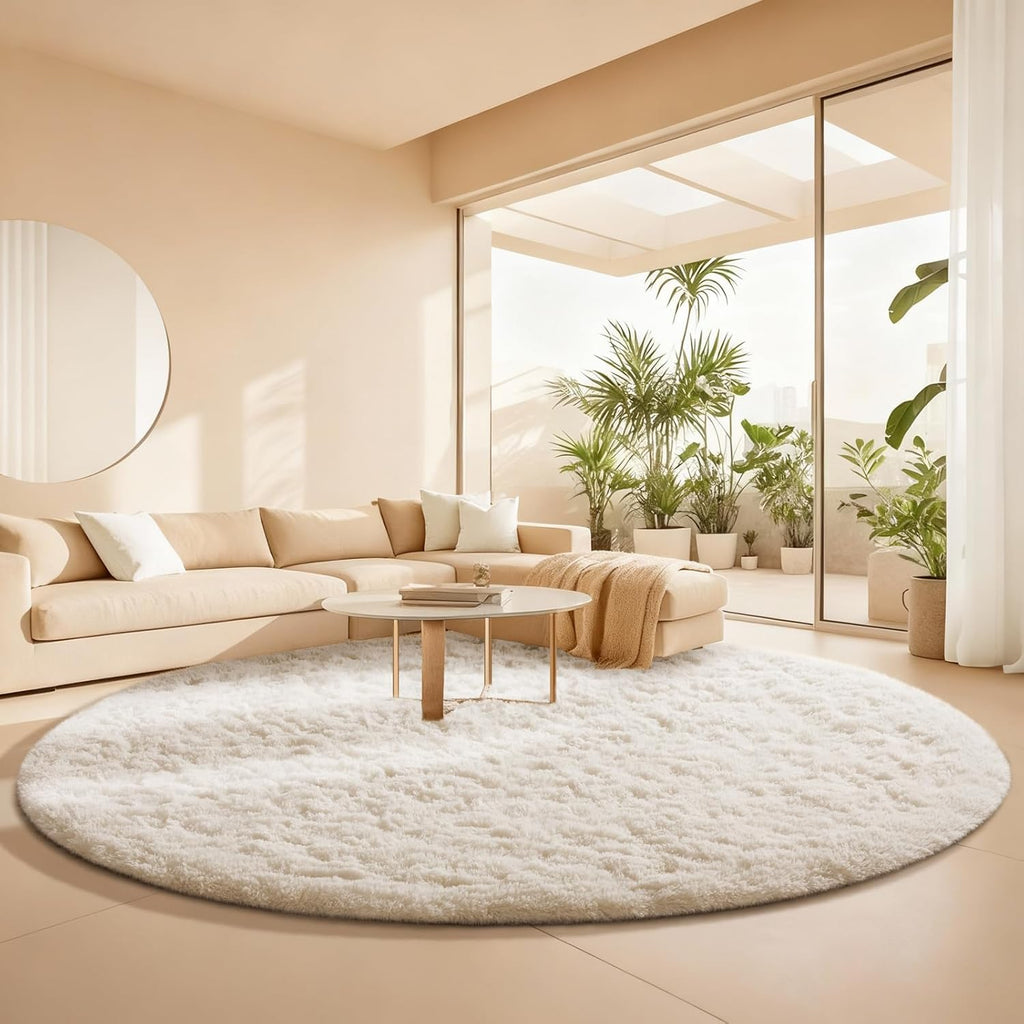 Round Rugs 8Ft Ivory Circle Area Rug, Aesthetic Room Decor, Fluffy Fuzzy Bedroom Carpet, Plush Soft 