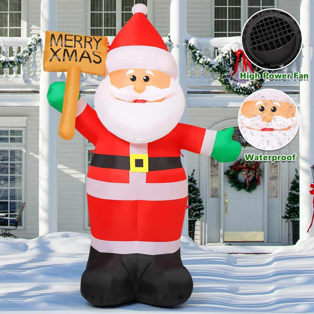 8 FT Christmas Inflatables Santa Claus Outdoor Decorations Blow Up Yard Santa Claus Holding Merry Xmas Sign with